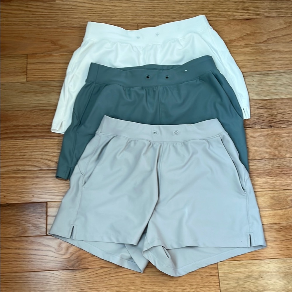 Bundle of Women's High Waisted Athletic Shorts - White, Green, and Light Gray